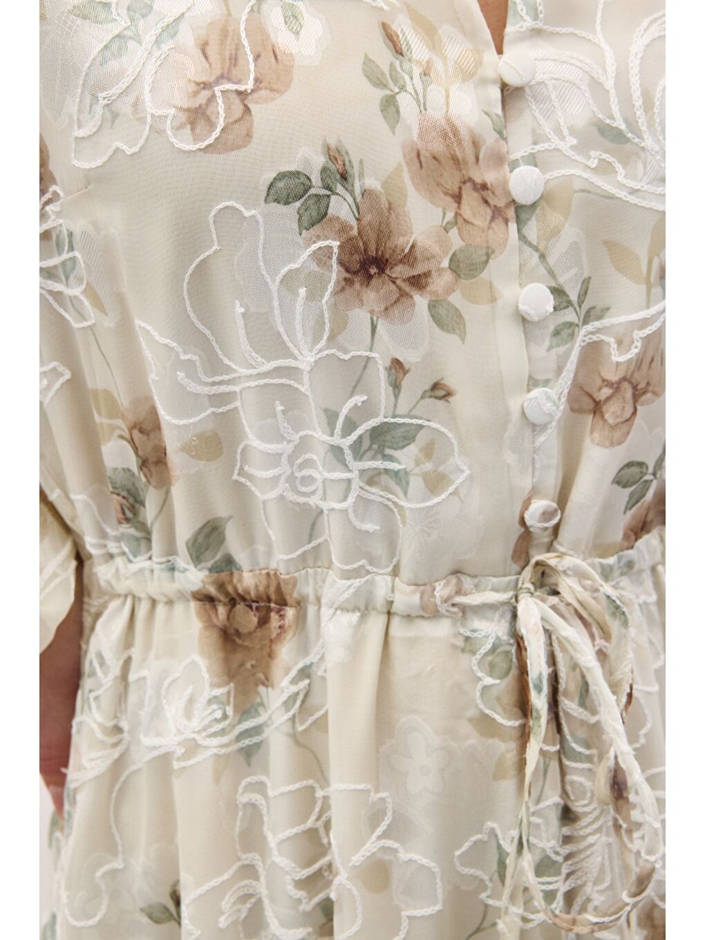 Bej Nakışlı Desenli Uzun Elbise - Vizon-6