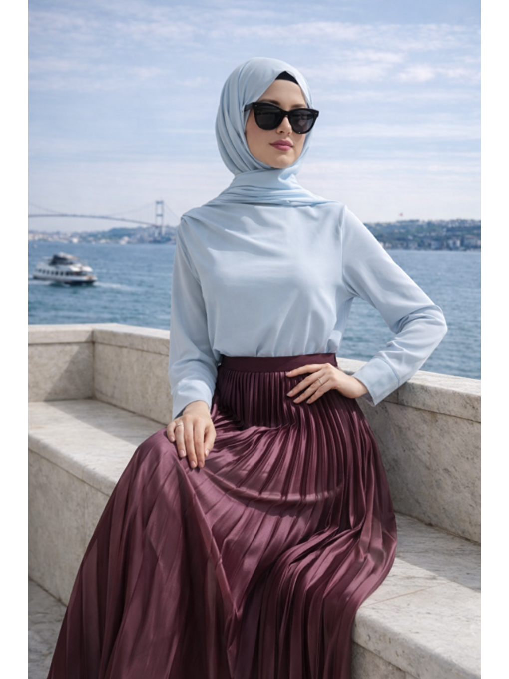 Kadın Premium Pileli Bordo Uzun Tesettür Etek-3