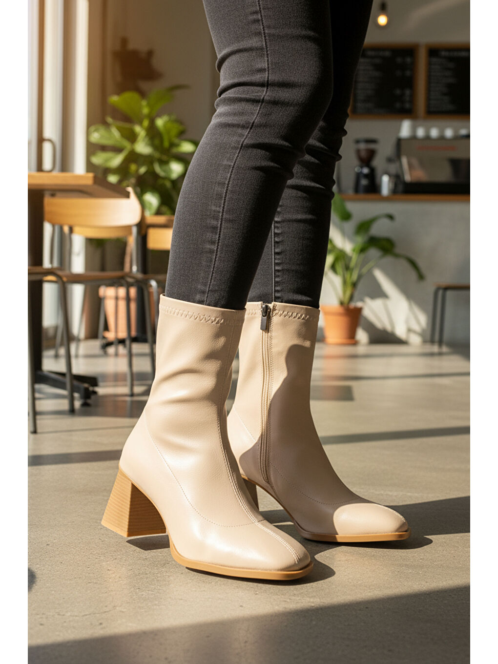 Bej Polarlı Fermuarlı Streç Kadın Topuklu Bot 2615 Z-2