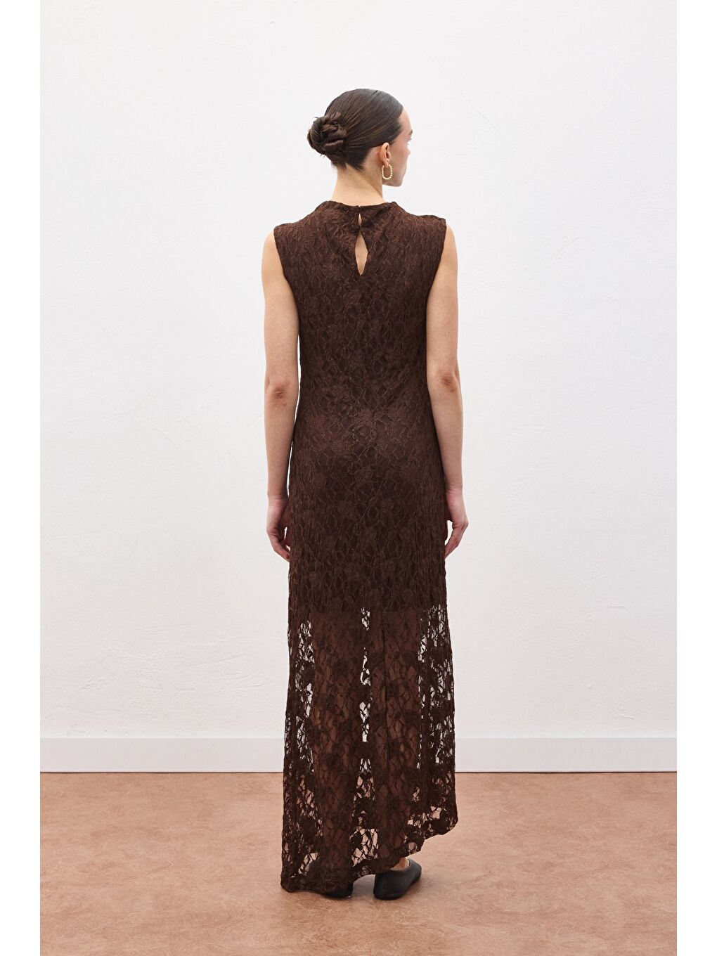 Kahverengi Dantel Kolsuz Elbise - Kahve-7