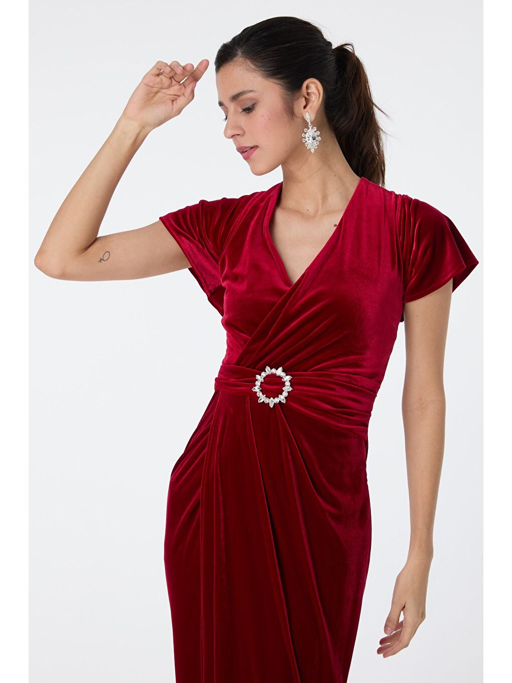 Kruvaze Yaka Kadın Kırmızı Abiye Elbise - 23558-2