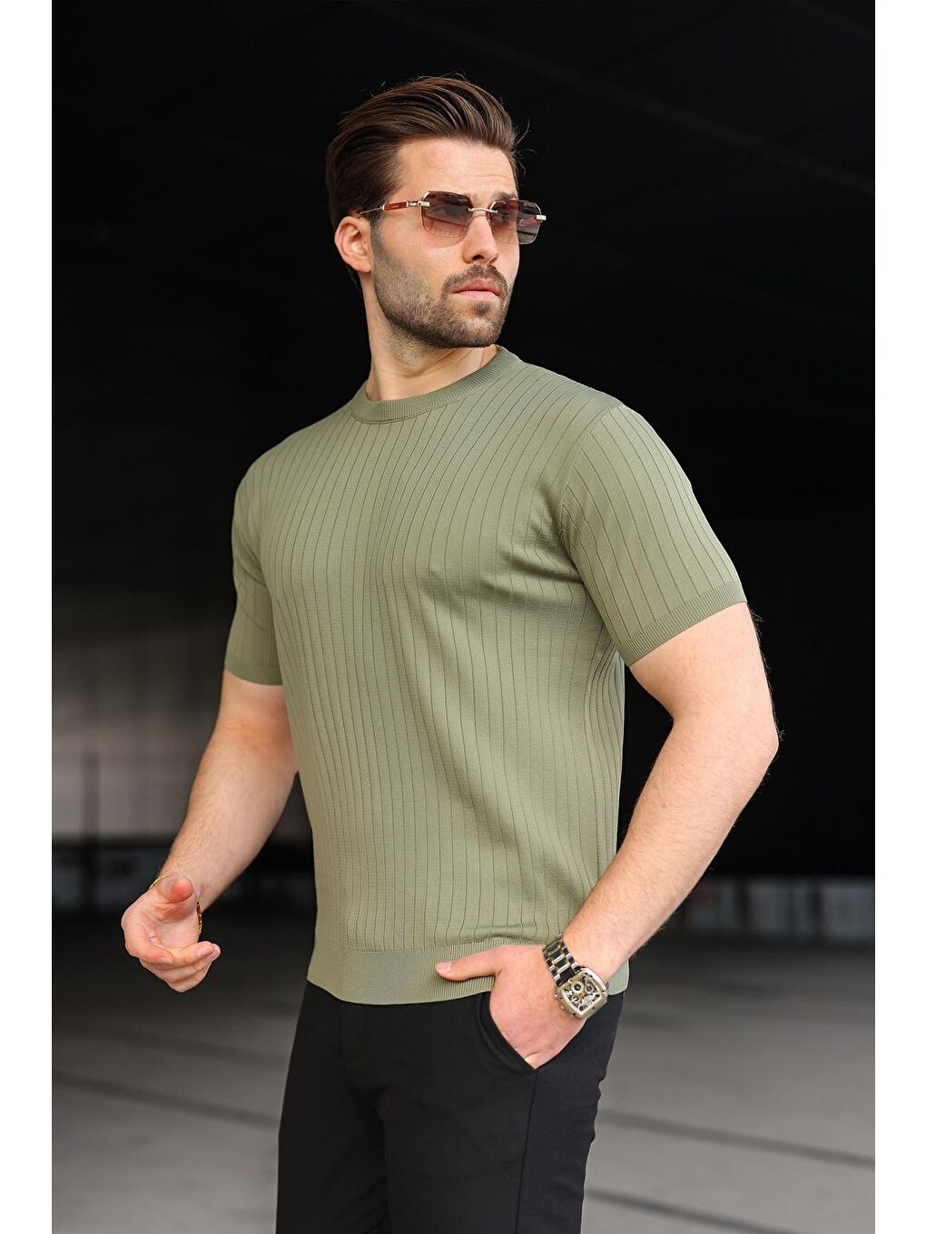 Haki Bisiklet Yaka Triko Erkek Tişört E7460-1