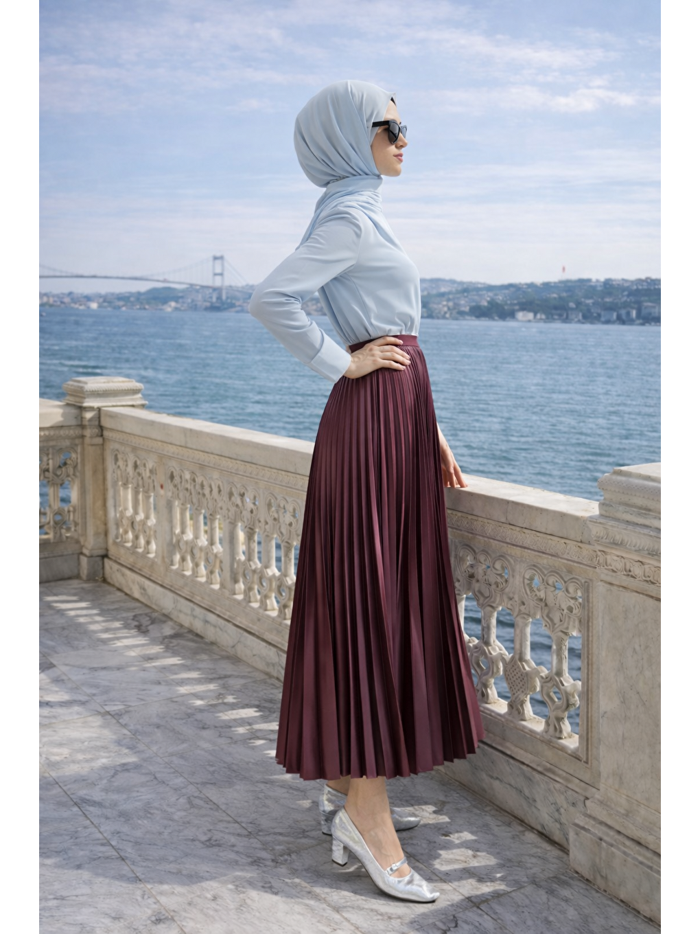 Kadın Premium Pileli Bordo Uzun Tesettür Etek-4