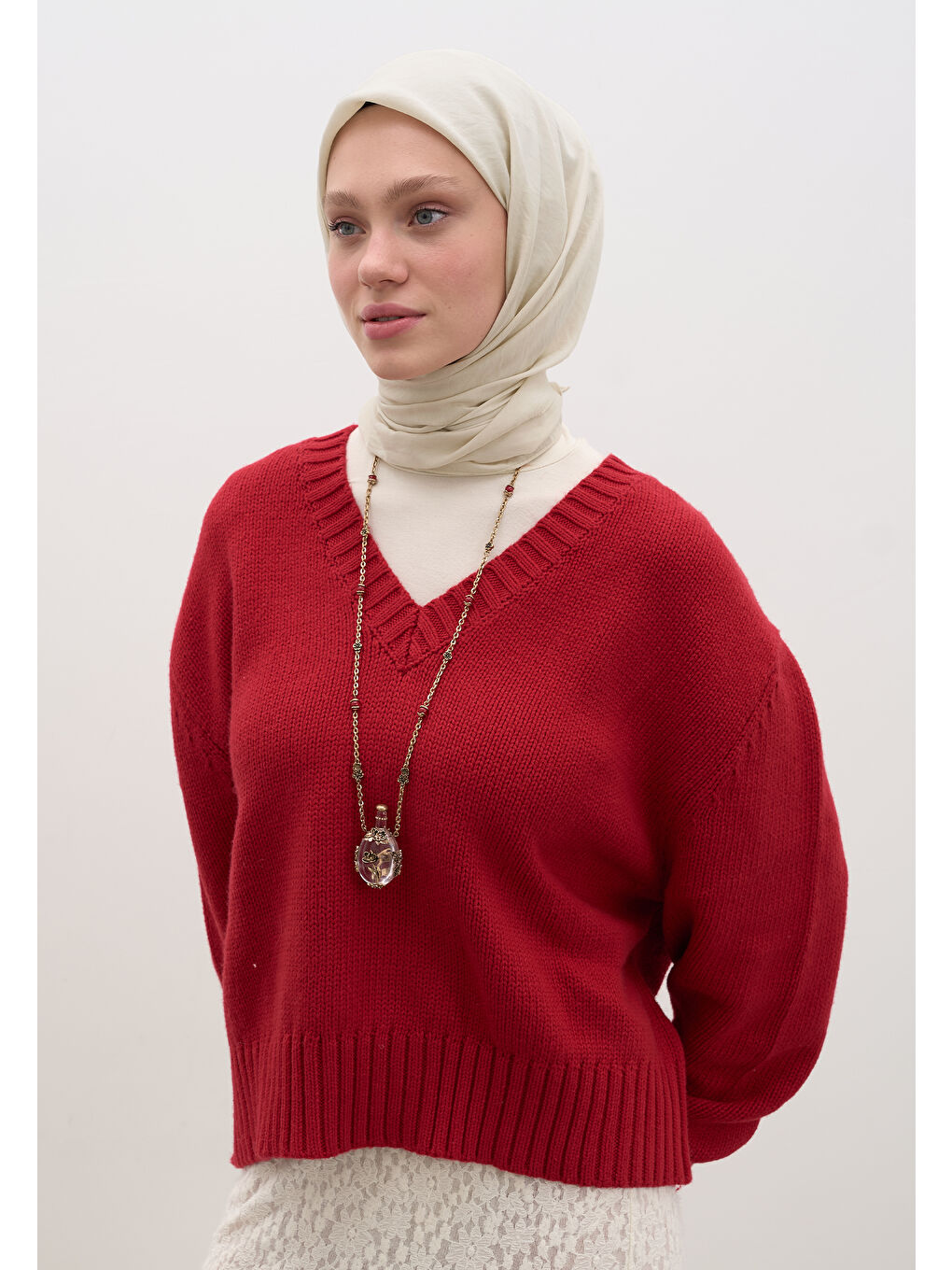 Ekru Pamuk Viskon Eşarp İnci