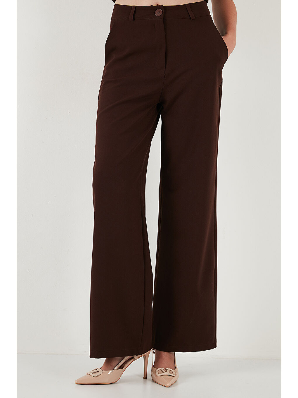 Kahverengi Wide Leg Orta Yüksek Bel Bol Paça Kadın Kumaş Pantolon 6522974-4