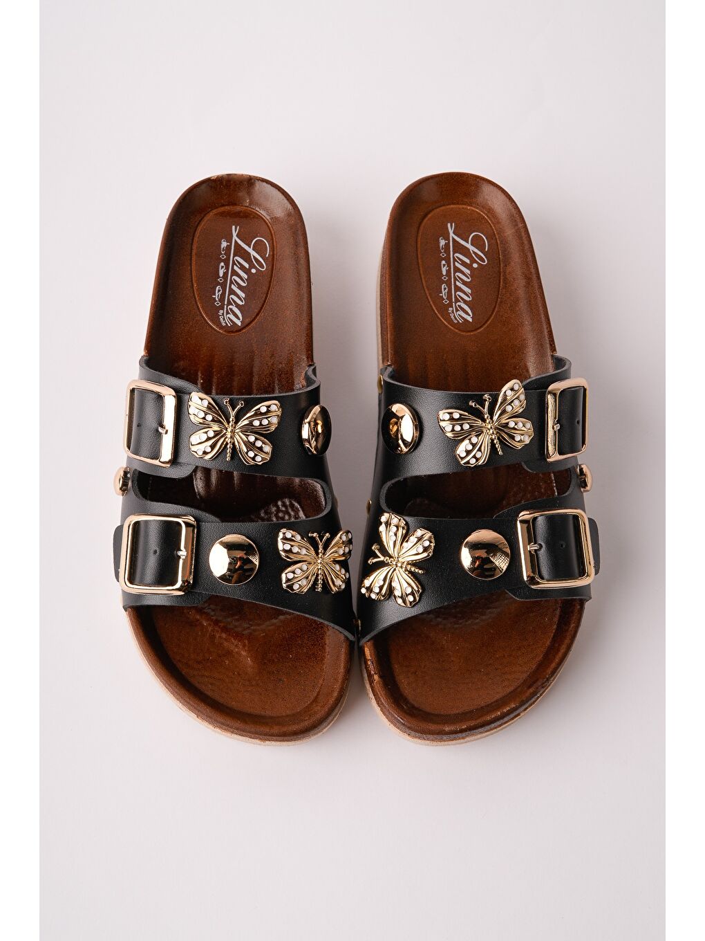 Siyah NYSSA Kelebek Aksesuarlı Çift Tokalı Günlük Kadın Terlik-1