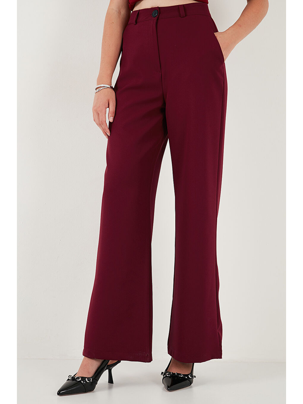 Bordo Wide Leg Orta Yüksek Bel Bol Paça Kadın Kumaş Pantolon 6522974-4