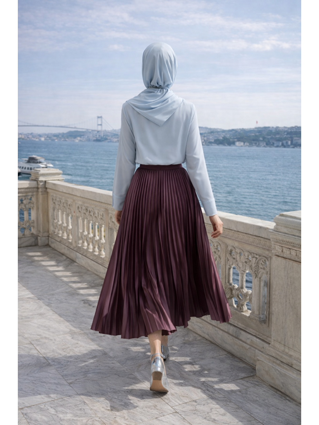 Kadın Premium Pileli Bordo Uzun Tesettür Etek-5