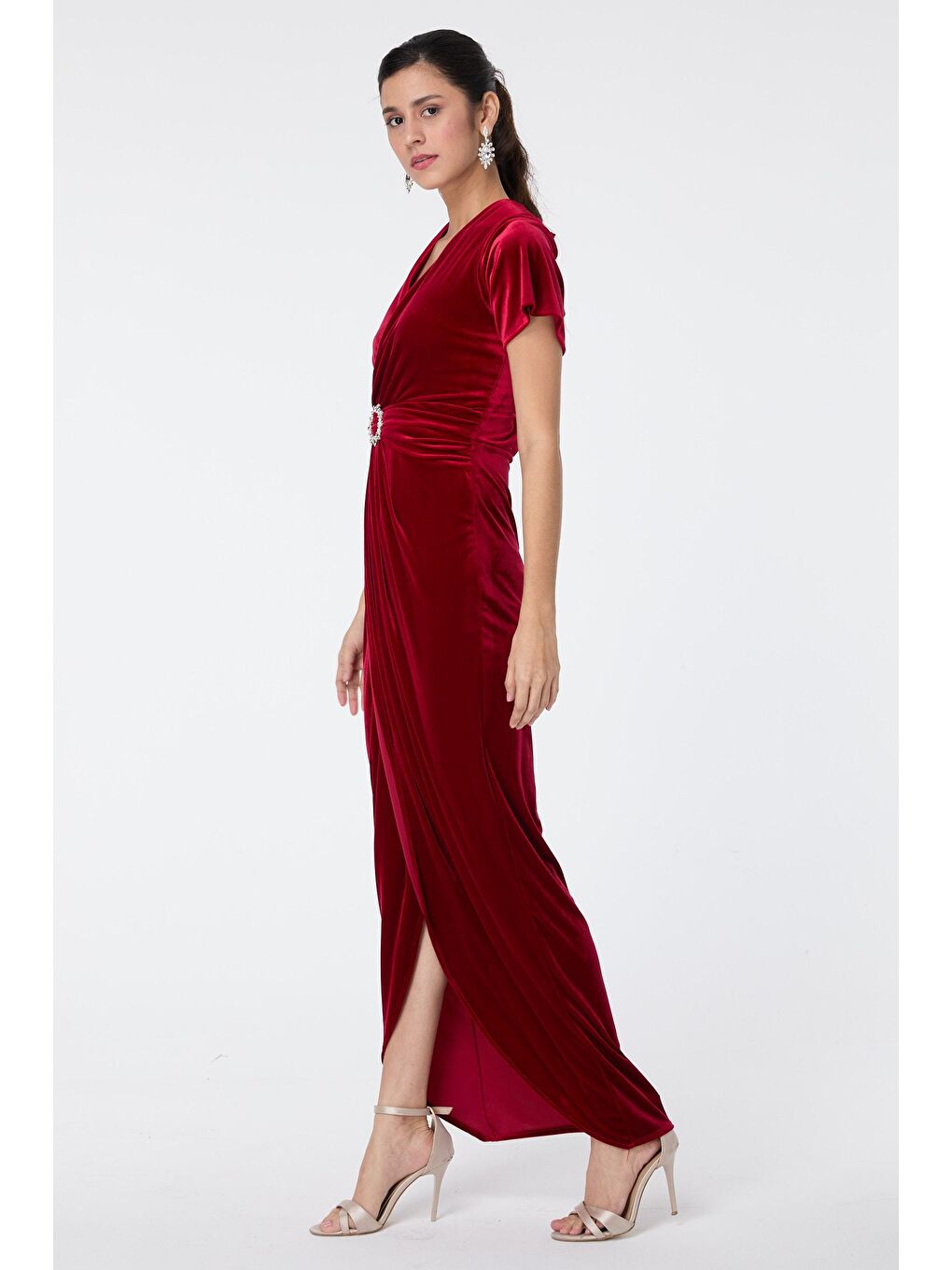 Kruvaze Yaka Kadın Kırmızı Abiye Elbise - 23558-4