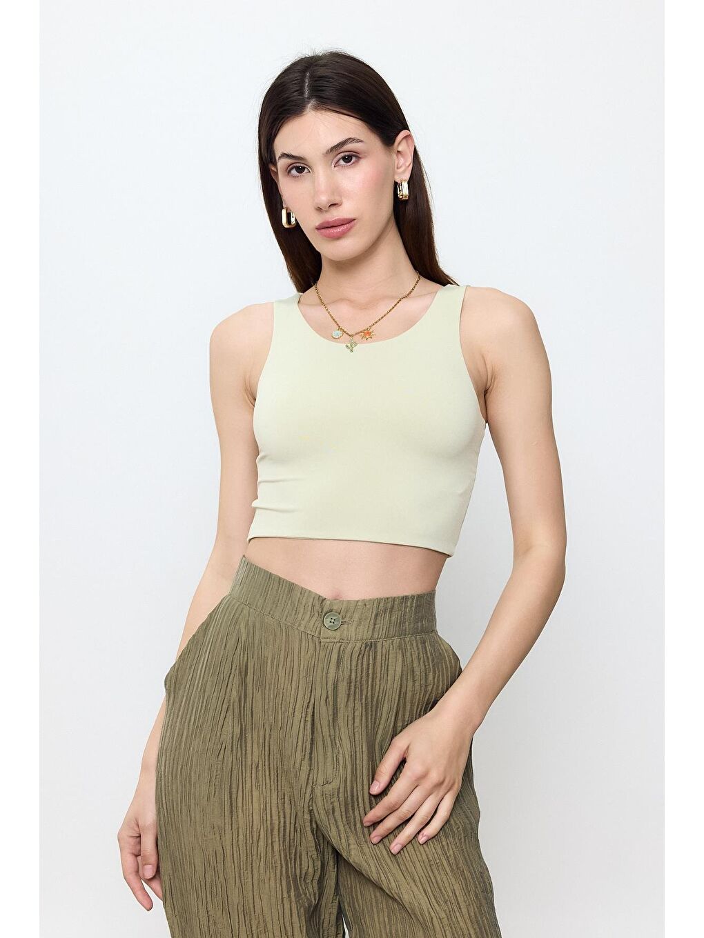 Yeşil Slimfit Crop Top Bluz