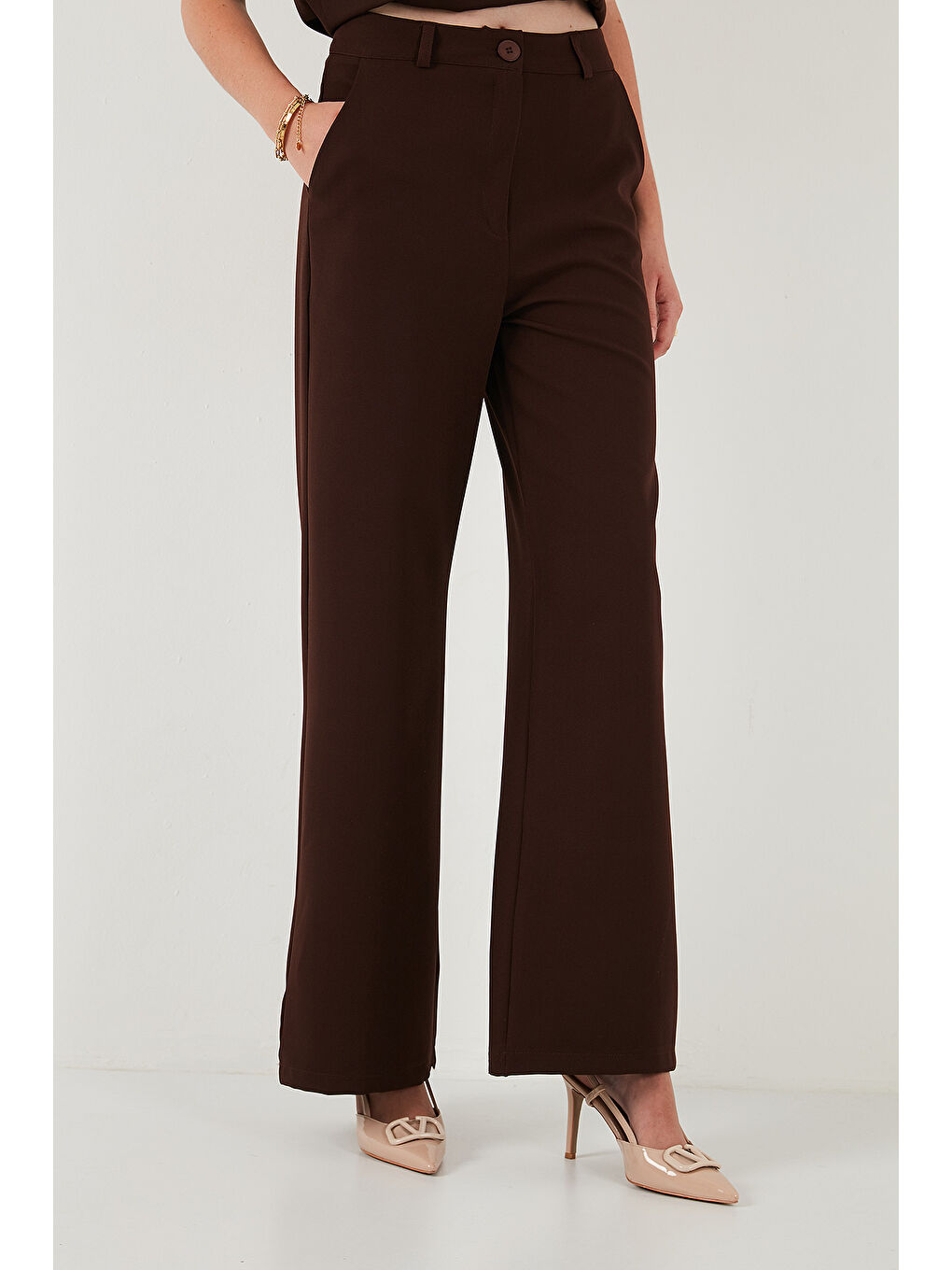 Kahverengi Wide Leg Orta Yüksek Bel Bol Paça Kadın Kumaş Pantolon 6522974-5