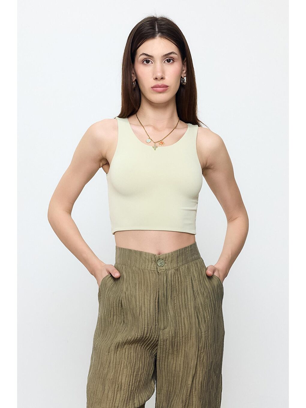 Yeşil Slimfit Crop Top Bluz-1