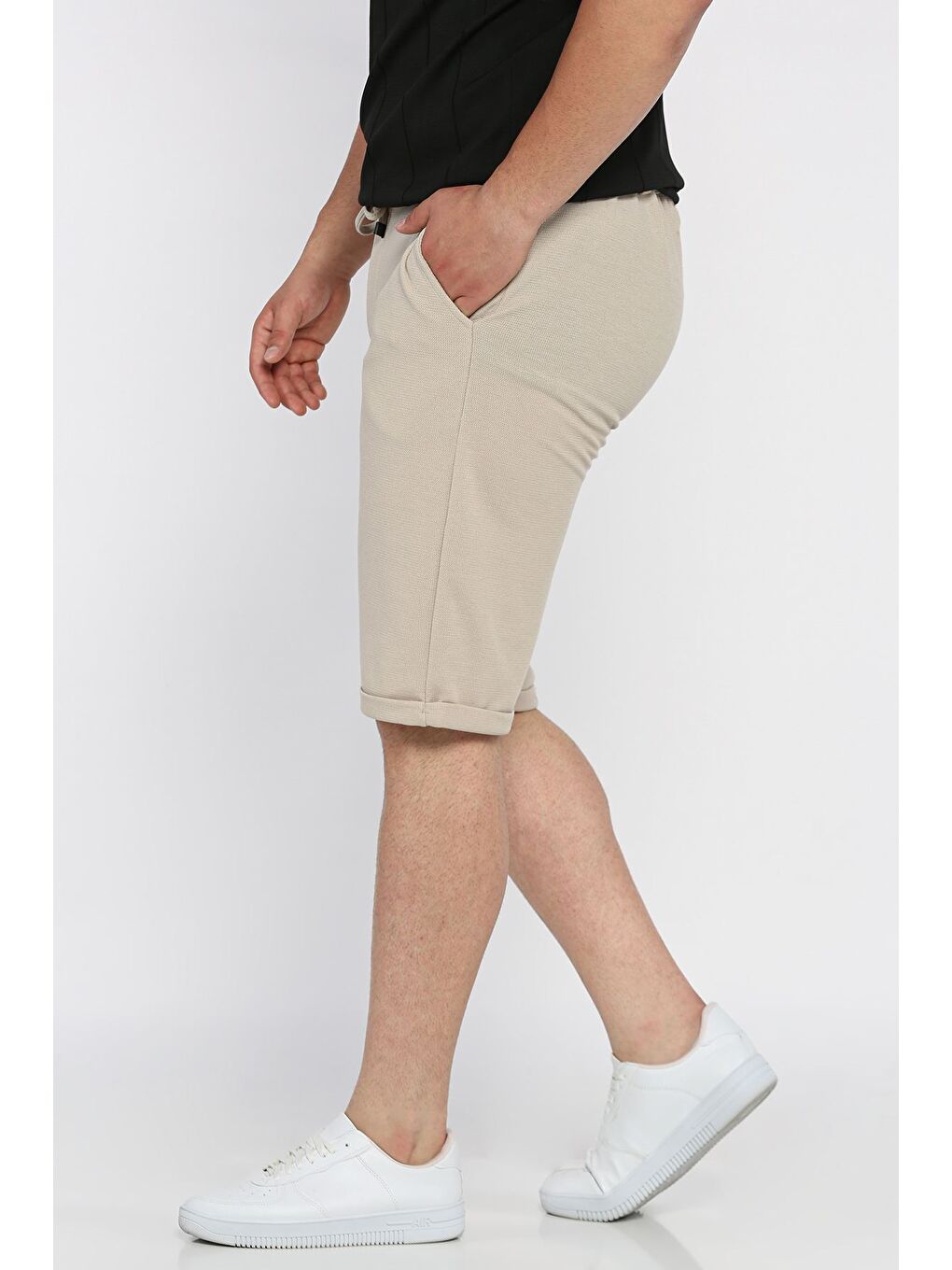Bej Erkek Bel Lastikli Ve Bağlamalı Duble Paça Şort-1