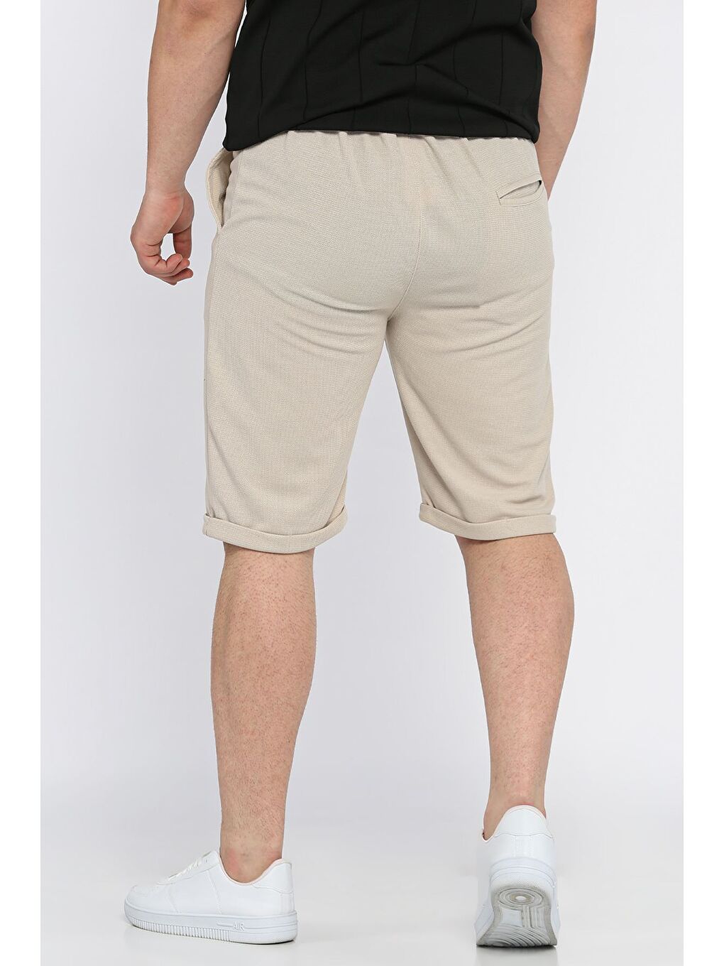Bej Erkek Bel Lastikli Ve Bağlamalı Duble Paça Şort-2