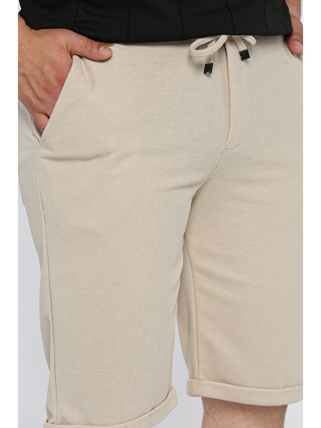 Bej Erkek Bel Lastikli Ve Bağlamalı Duble Paça Şort-3