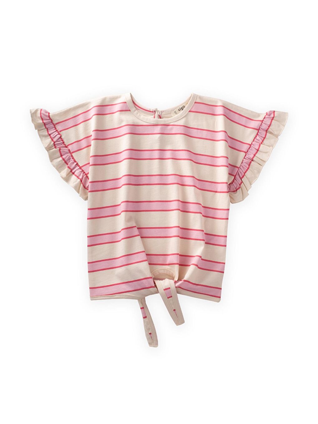 Pembe Çizgili Bağlamalı Kız T-Shırt 3-10 Yaş Pudra Geniş Çizgili