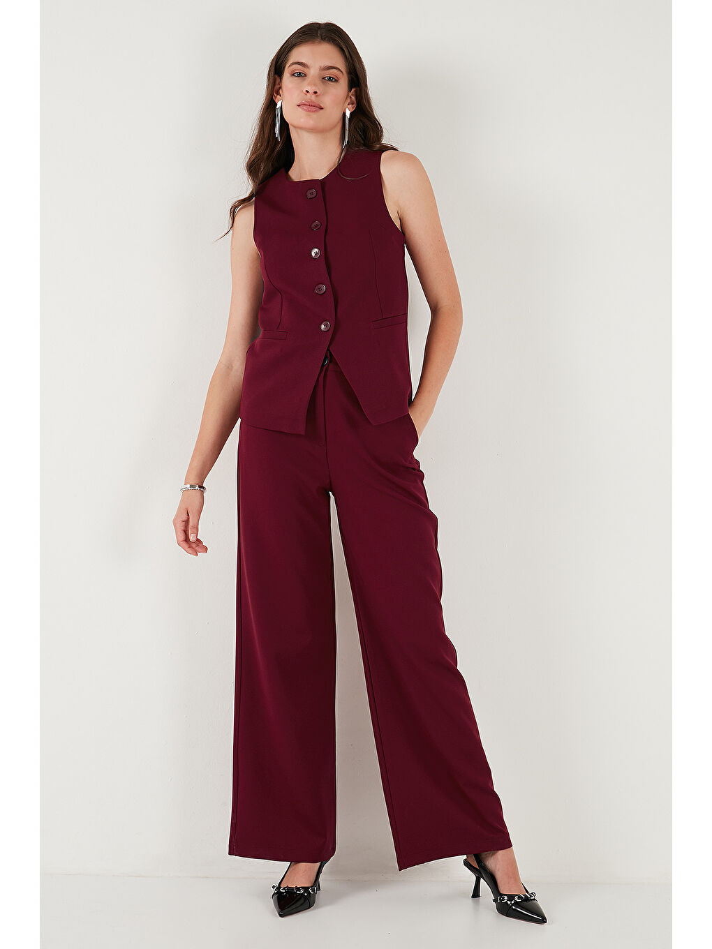 Bordo Wide Leg Orta Yüksek Bel Bol Paça Kadın Kumaş Pantolon 6522974-5