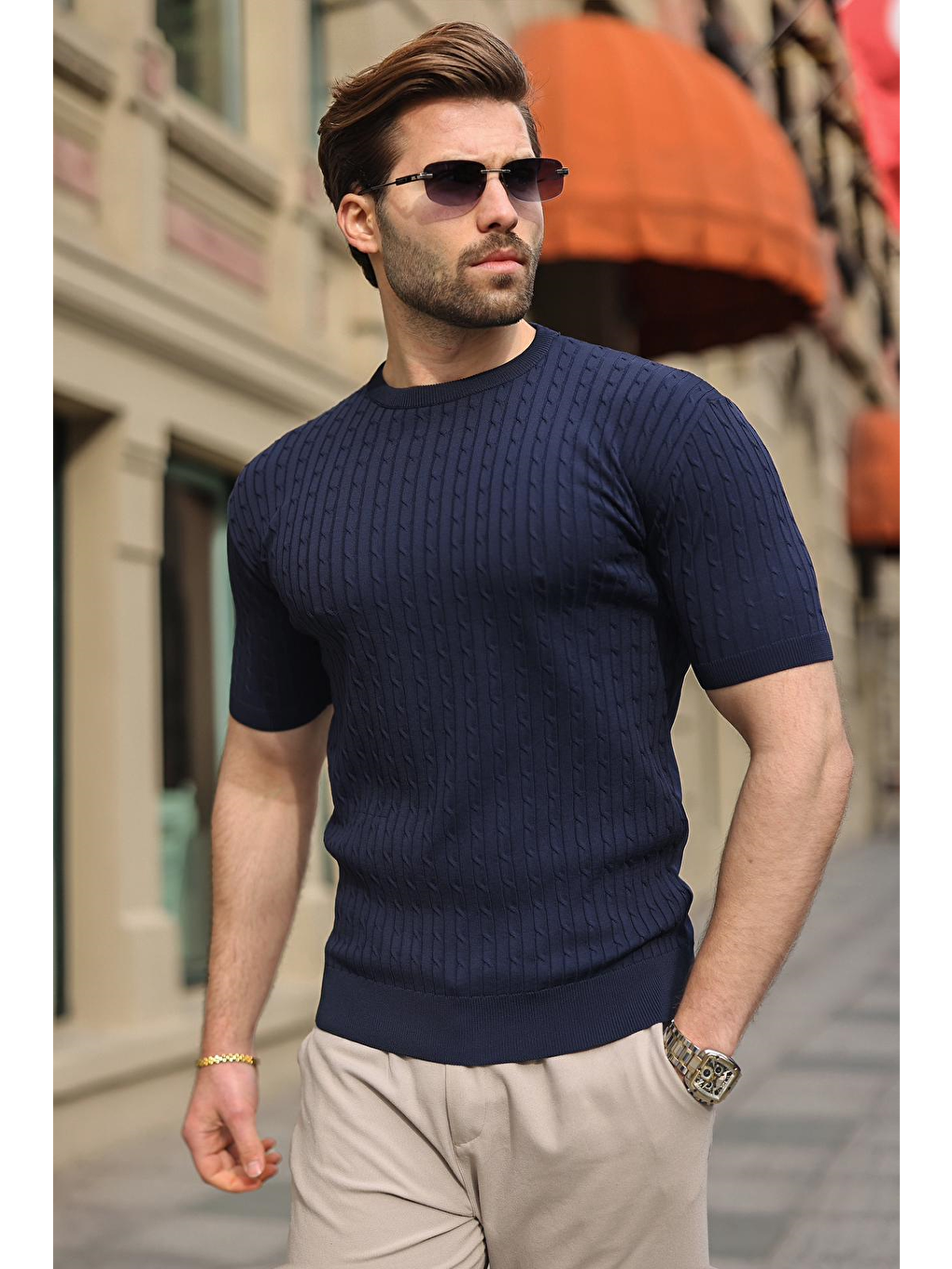 Lacivert Bisiklet Yaka Triko Erkek Tişört E7468-1