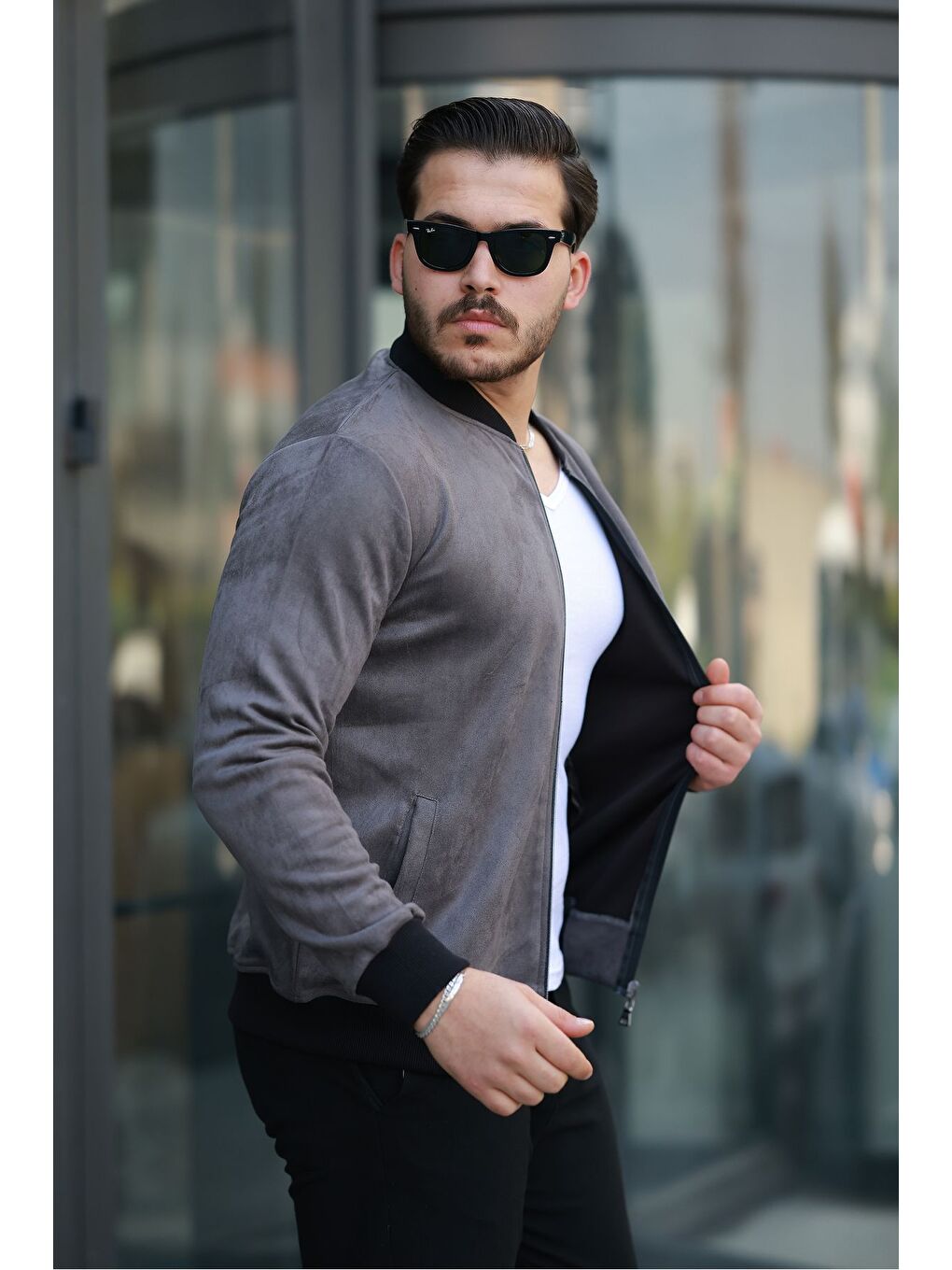 Gri Erkek Dar Kesim Nubuk Süet Astarsız Elastanlı Su Itici Kolej Ceket-1