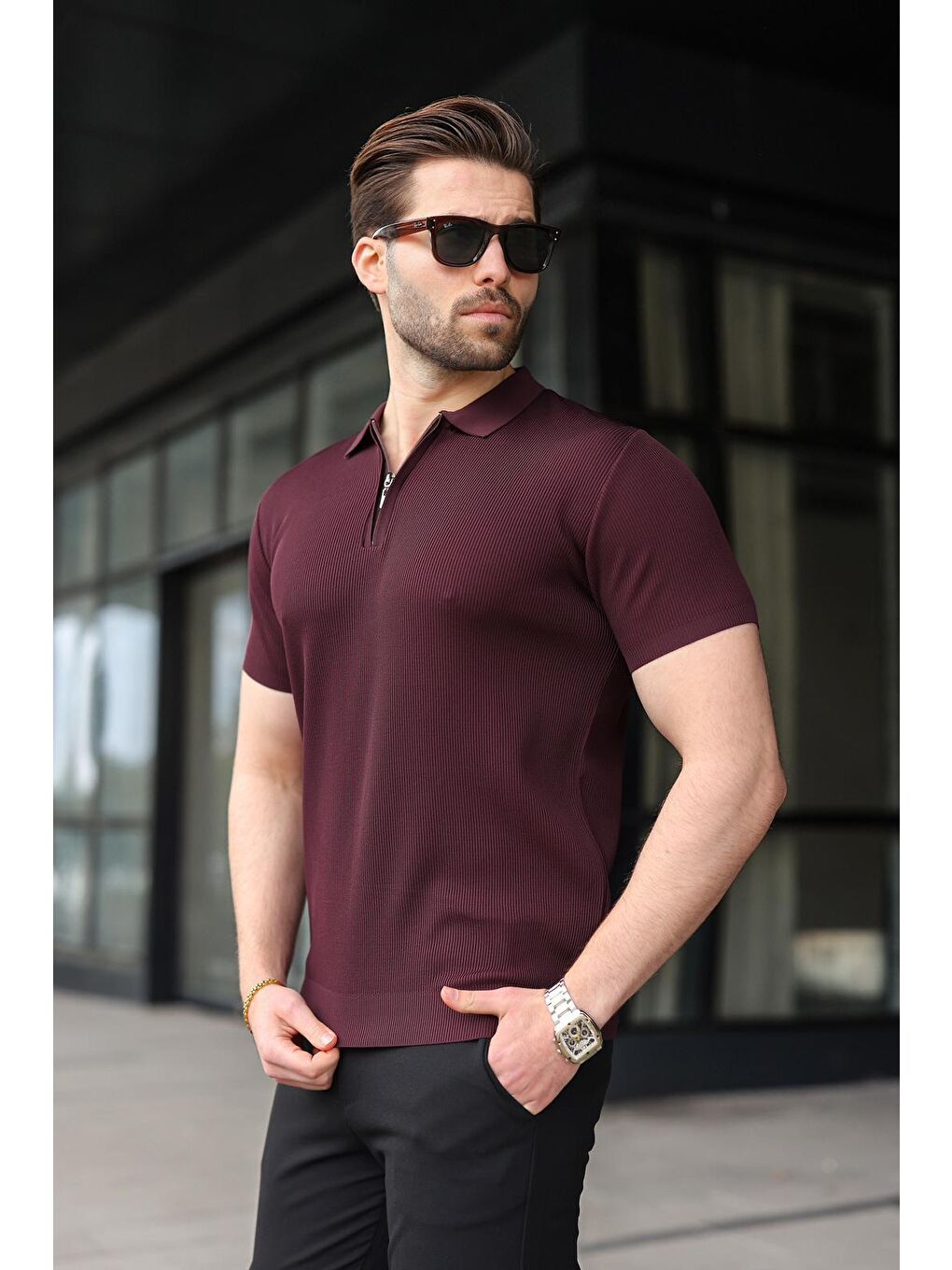 Mürdüm Yarım Fermuarlı Polo Yaka Triko Erkek Tişört E74e59