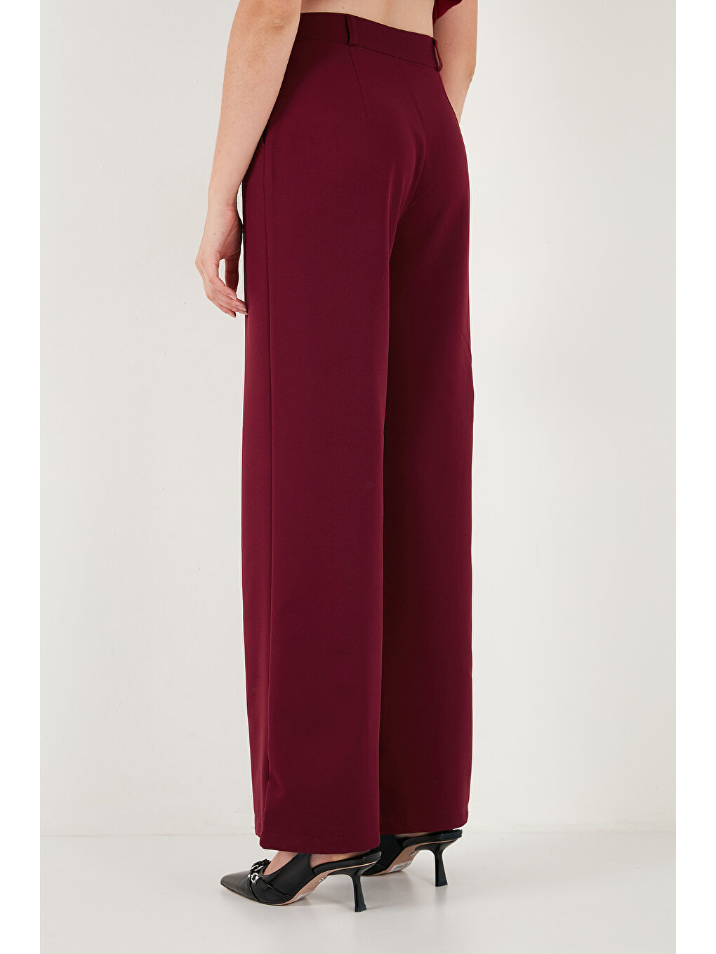 Bordo Wide Leg Orta Yüksek Bel Bol Paça Kadın Kumaş Pantolon 6522974-6