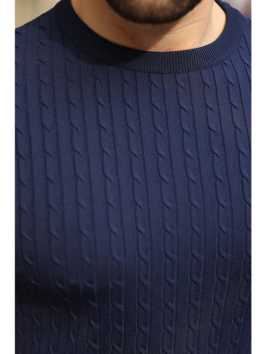 Lacivert Bisiklet Yaka Triko Erkek Tişört E7468-2