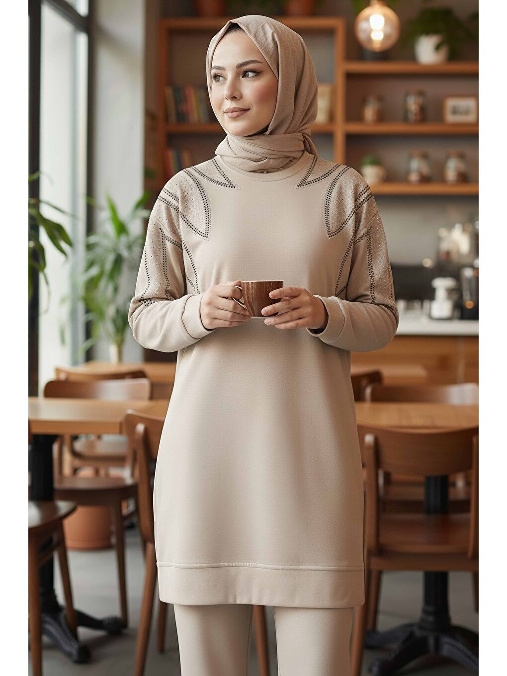 Ekru Taş Detaylı Modal İkili Takım Krem - 28045-KREM-1