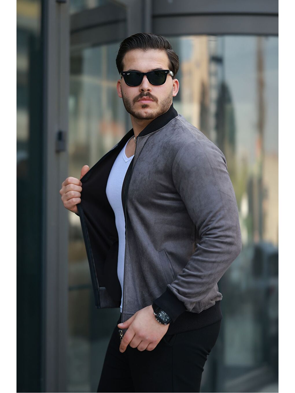 Gri Erkek Dar Kesim Nubuk Süet Astarsız Elastanlı Su Itici Kolej Ceket-2