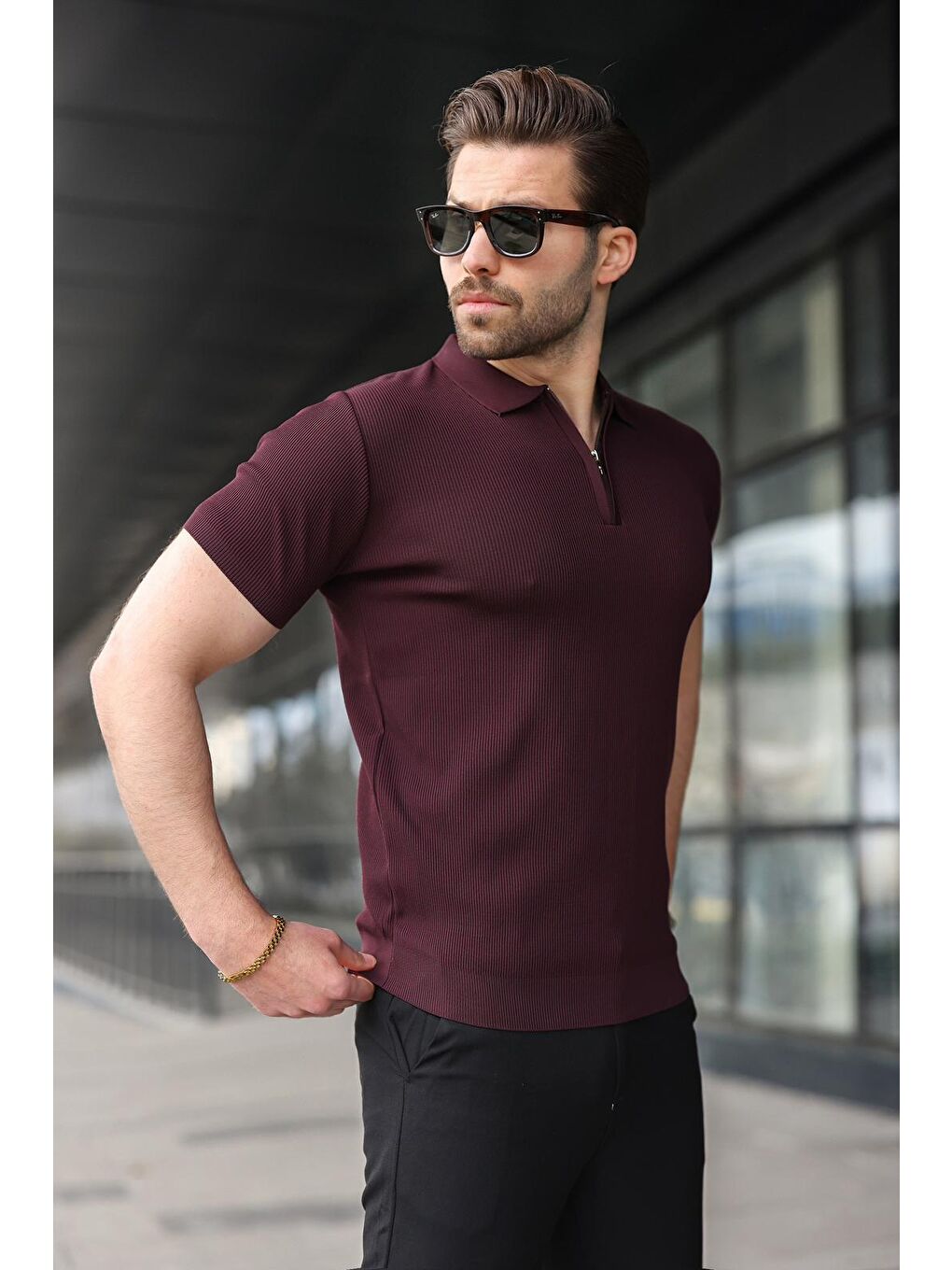 Mürdüm Yarım Fermuarlı Polo Yaka Triko Erkek Tişört E74e59-2