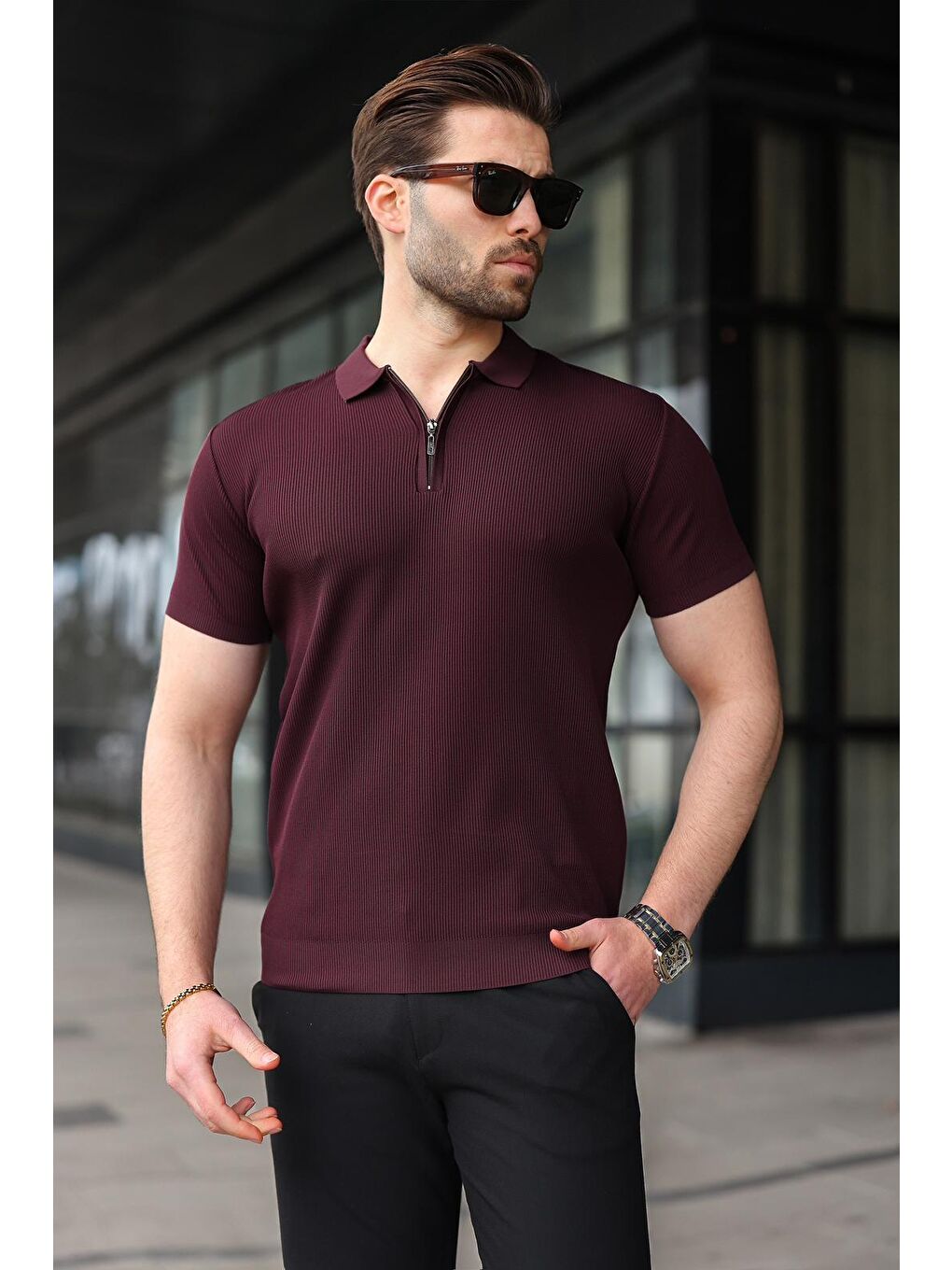 Mürdüm Yarım Fermuarlı Polo Yaka Triko Erkek Tişört E74e59-3