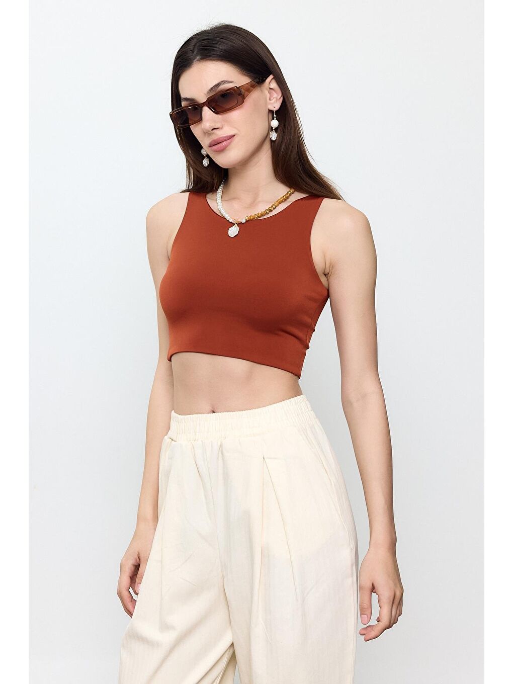 Kahverengi Slimfit Crop Top Bluz