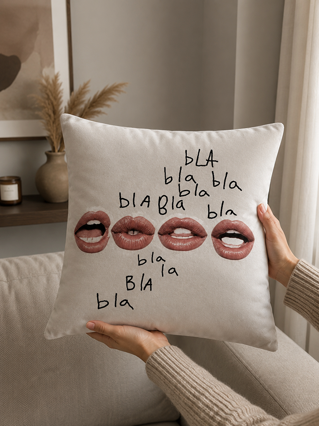 Bej Bla Bla Dudak Yazı Baskılı Pop Art Dekoratif Kırlent Kılıfı Modern Dekor 43x43 Cm