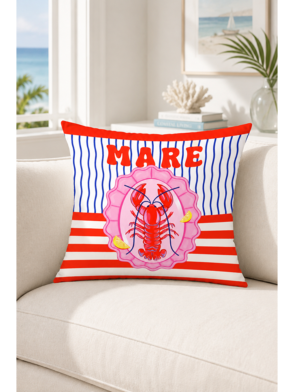 Beyaz Mare Istakoz Marin Desenli Dekoratif Kırlent Kılıfı Yazlık Akdeniz Dekoru 43x43 Cm
