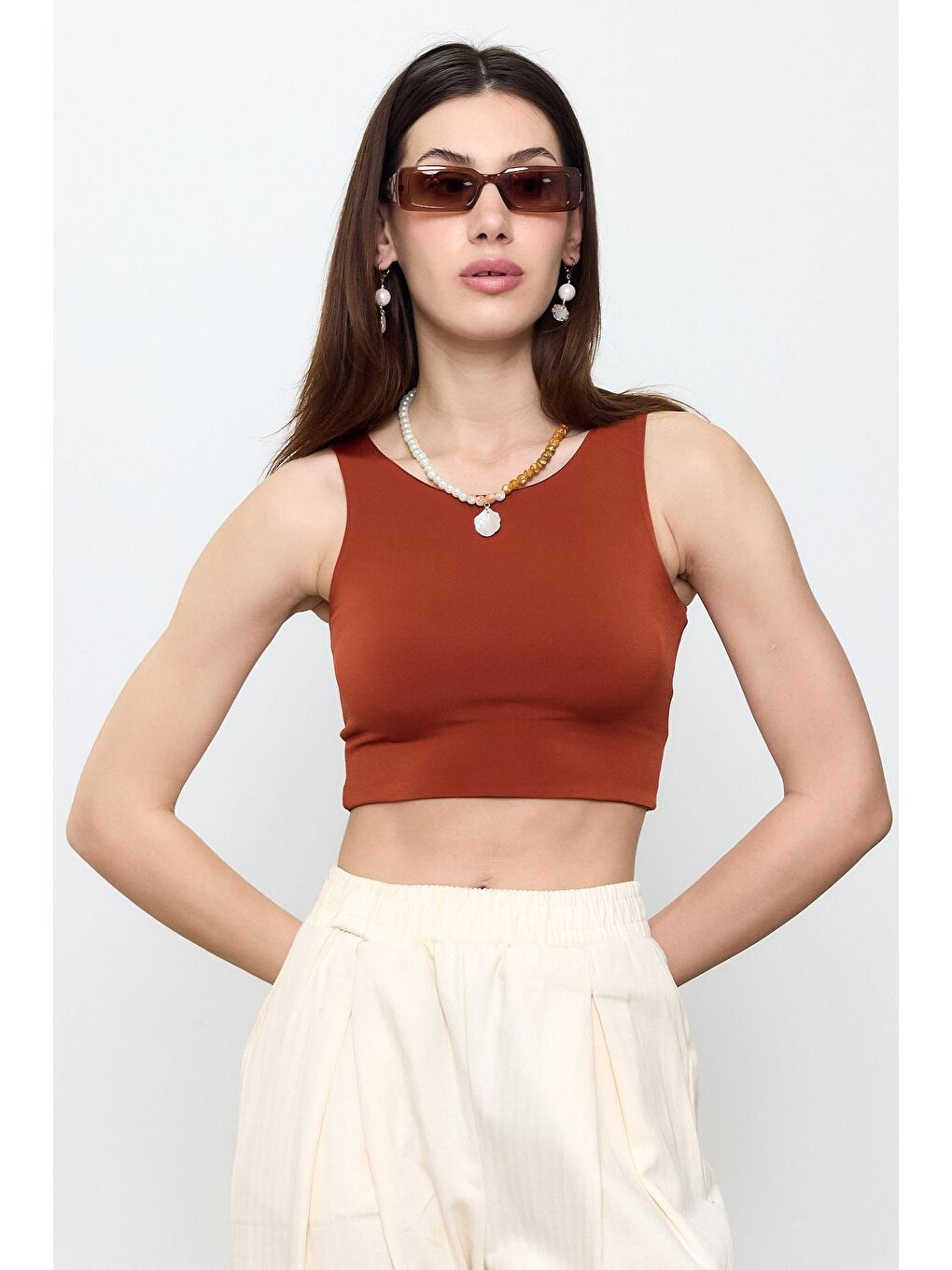 Kahverengi Slimfit Crop Top Bluz-1