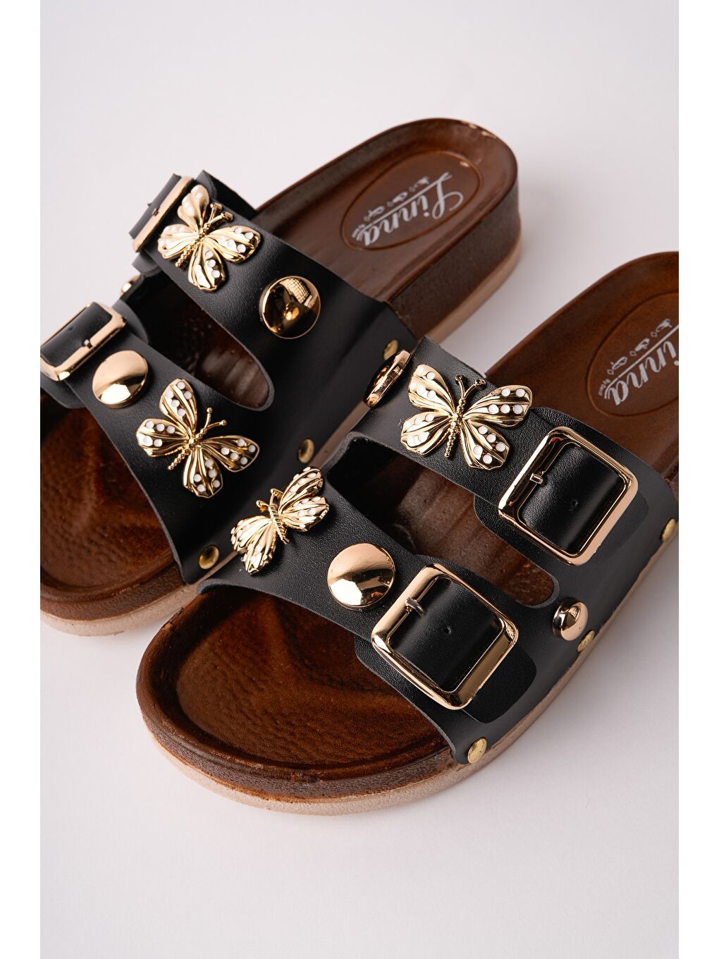 Siyah NYSSA Kelebek Aksesuarlı Çift Tokalı Günlük Kadın Terlik-7