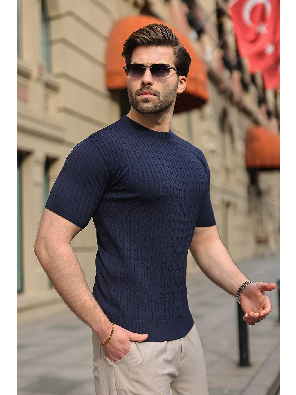 Lacivert Bisiklet Yaka Triko Erkek Tişört E7468-3
