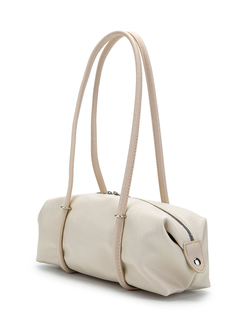 Ekru Çift Fermuar Detaylı Silindir Kadın Omuz Çanta Sophie Krem-2