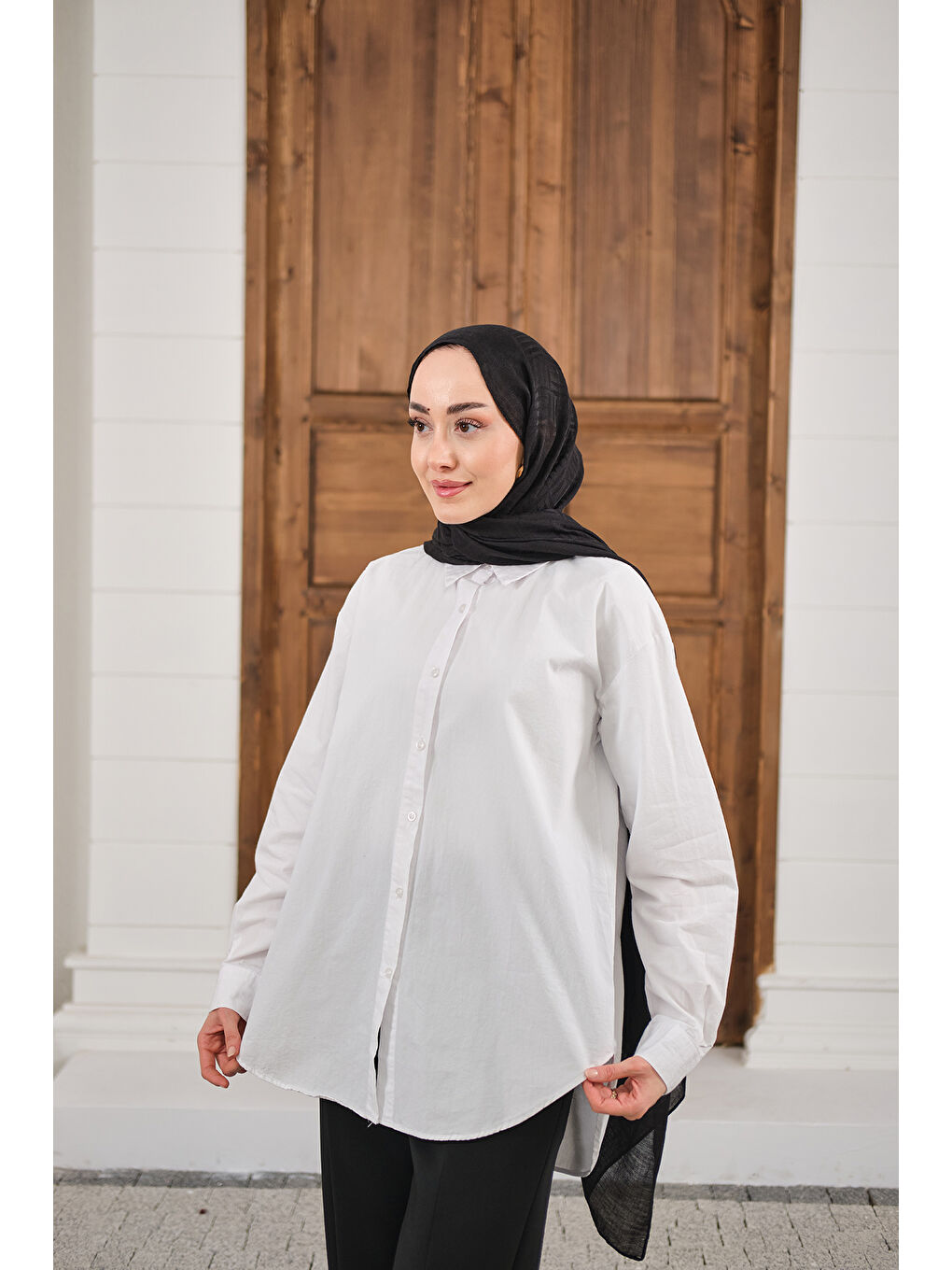 Kadın Düz Oversize Gömlek Beyaz-2