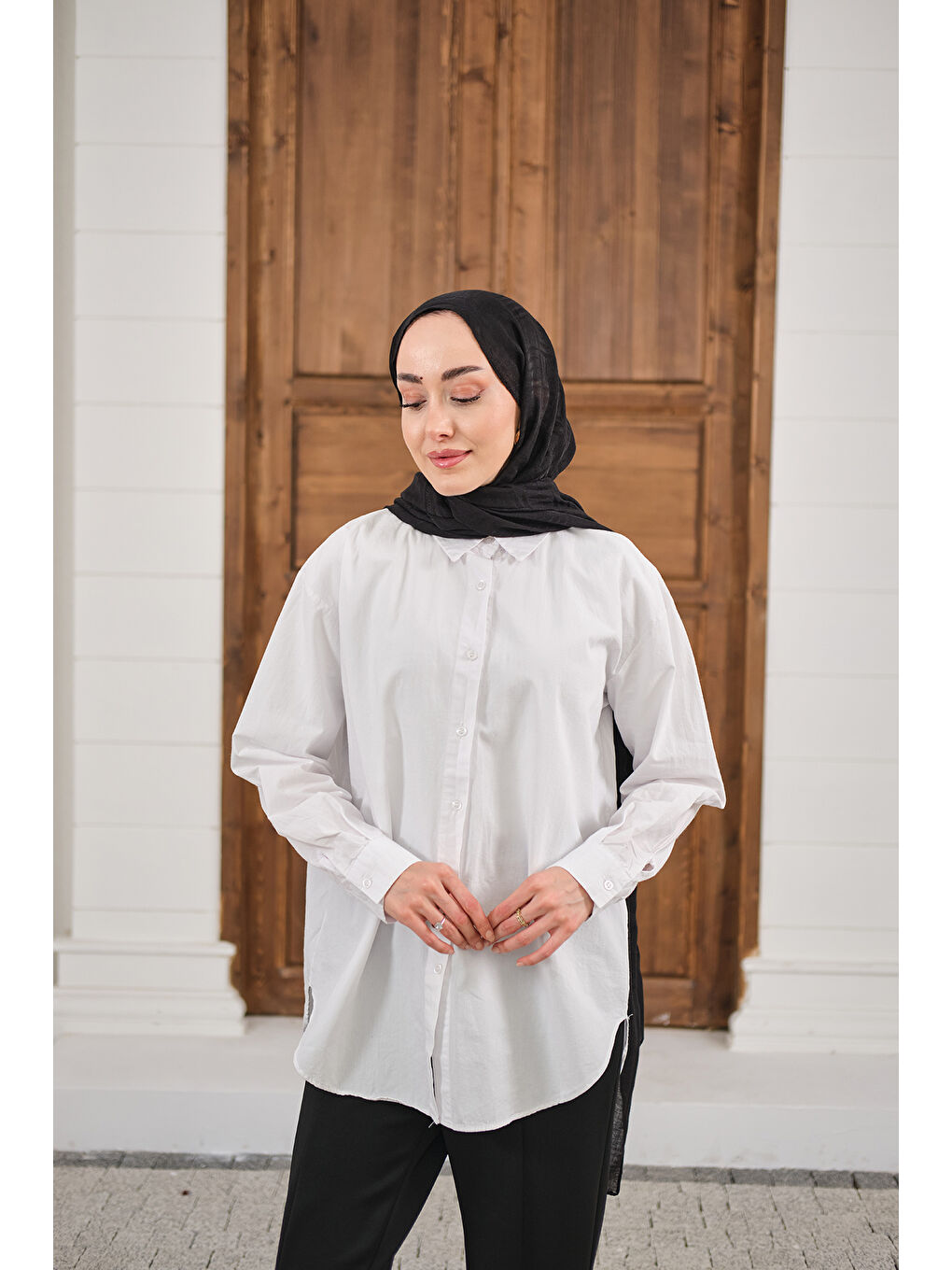 Kadın Düz Oversize Gömlek Beyaz-3