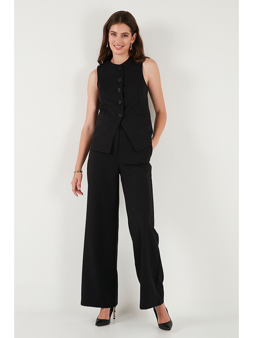 Siyah Wide Leg Orta Yüksek Bel Bol Paça Kadın Kumaş Pantolon 6522974-5