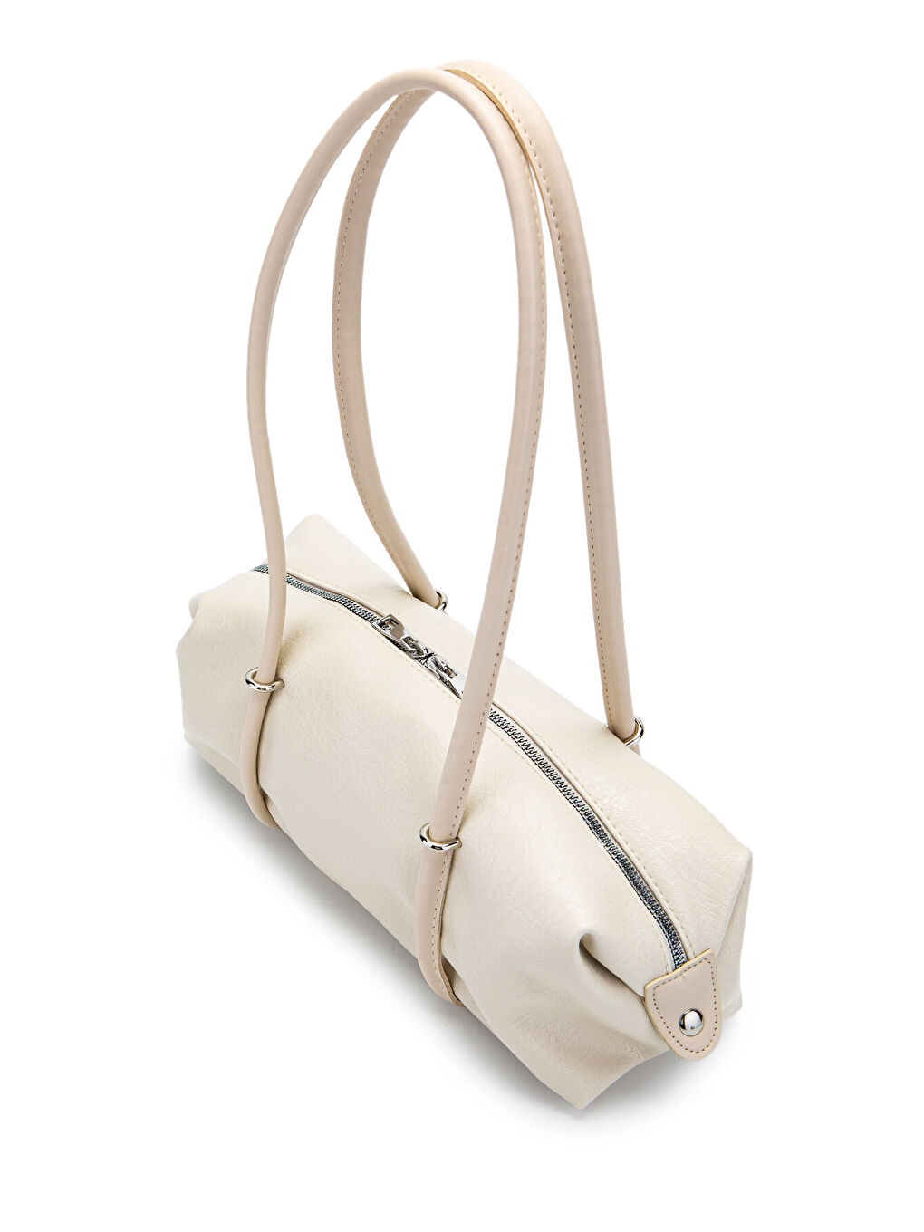 Ekru Çift Fermuar Detaylı Silindir Kadın Omuz Çanta Sophie Krem-3