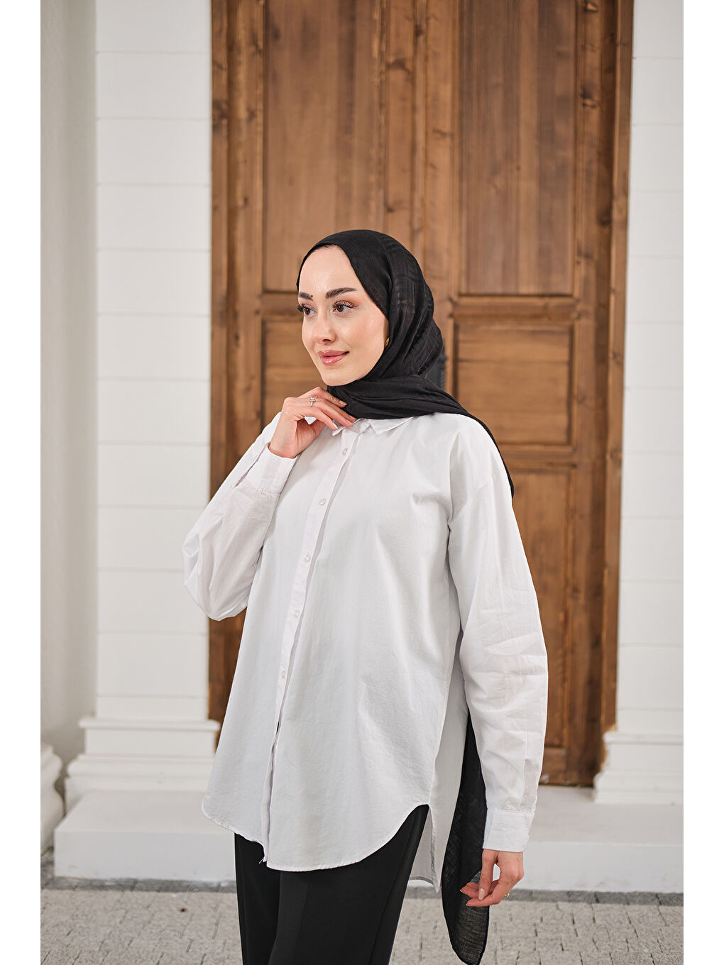 Kadın Düz Oversize Gömlek Beyaz-4