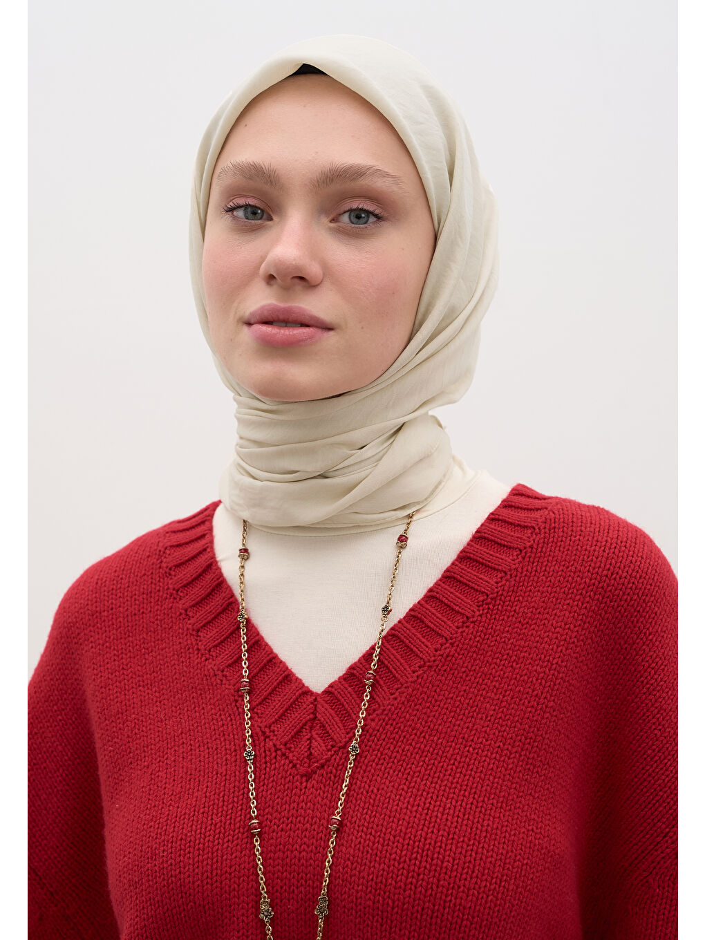 Ekru Pamuk Viskon Eşarp İnci-2