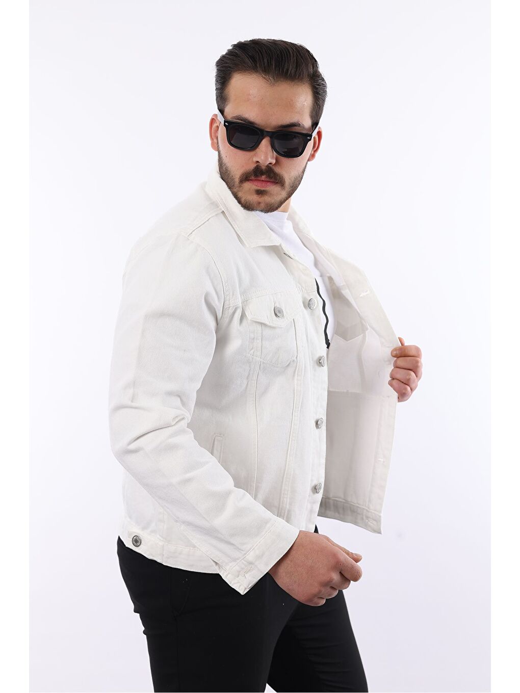Erkek Trend Polo Yaka Slim Fit Denim Jeans Beyaz Jean Ceket-1