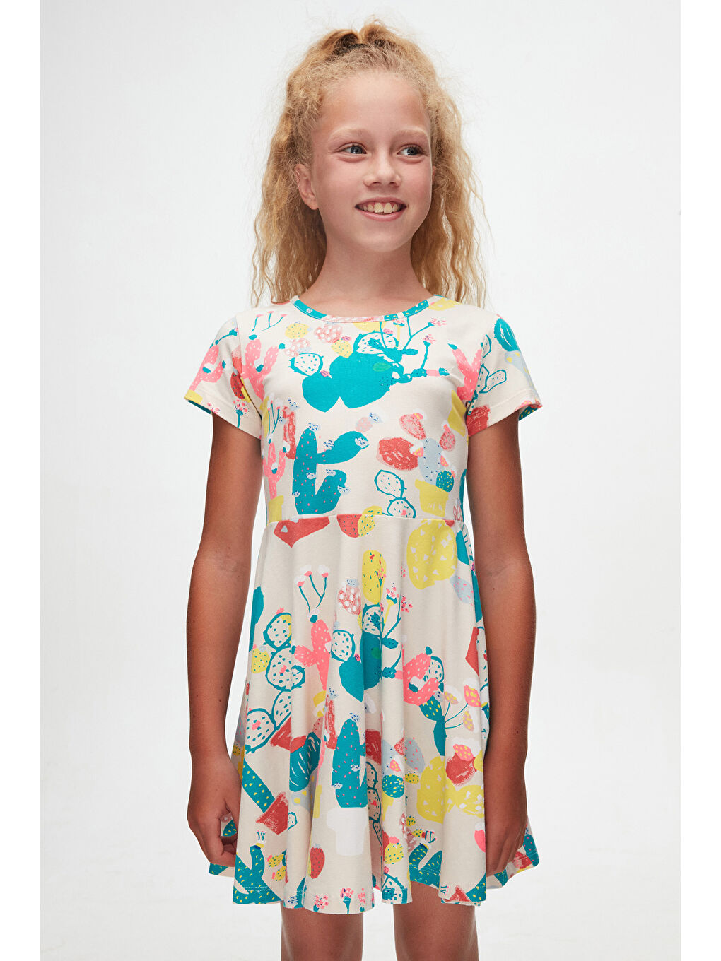 Karışık Spring Cactus Kız Çocuk Desenli Kısa Kollu Elbise-1