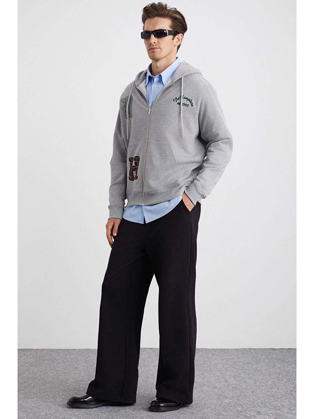 Alphabet Erkek Pamuklu Önü Baskılı Kapüşonlu Kordon Detaylı Fermuarlı Hırka Grimelanj Sweatshirt Gri-1