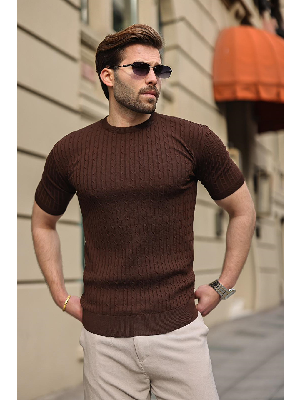 Kahverengi Bisiklet Yaka Triko Erkek Tişört E7468-1