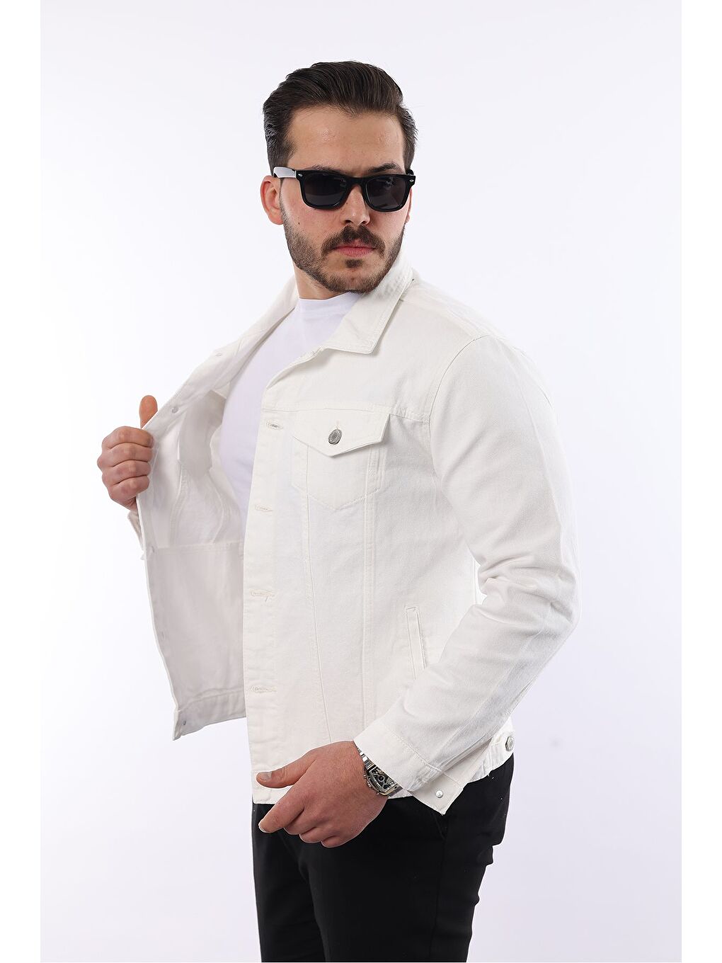 Erkek Trend Polo Yaka Slim Fit Denim Jeans Beyaz Jean Ceket-2