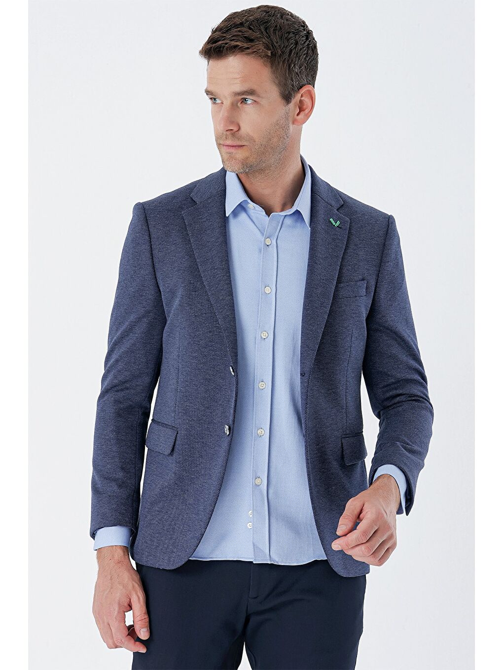 Lacivert Desenli Örme Mono Yaka Çift Yırtmaç Elastanlı 6 Drop Slim Fit Klasik Ceket 1002235135