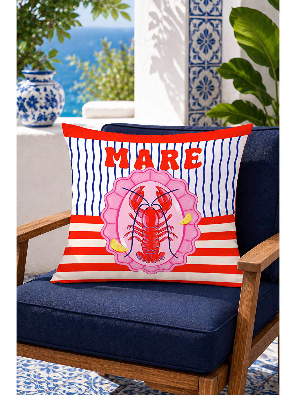 Beyaz Mare Istakoz Marin Desenli Dekoratif Kırlent Kılıfı Yazlık Akdeniz Dekoru 43x43 Cm-1